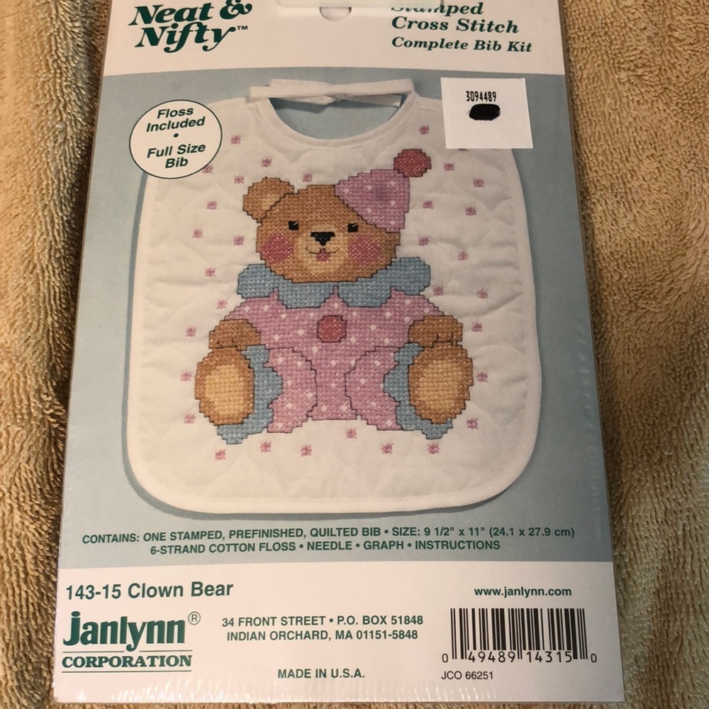 Janlynn Neat & Nifty Stamped Cross Stitch Baby Bib Kit 143-15 Clown Bear